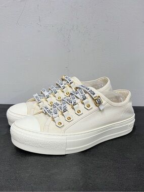 🚩steal Dior Cream Canvas Platform Sneakers with Branded Ribbon Laces